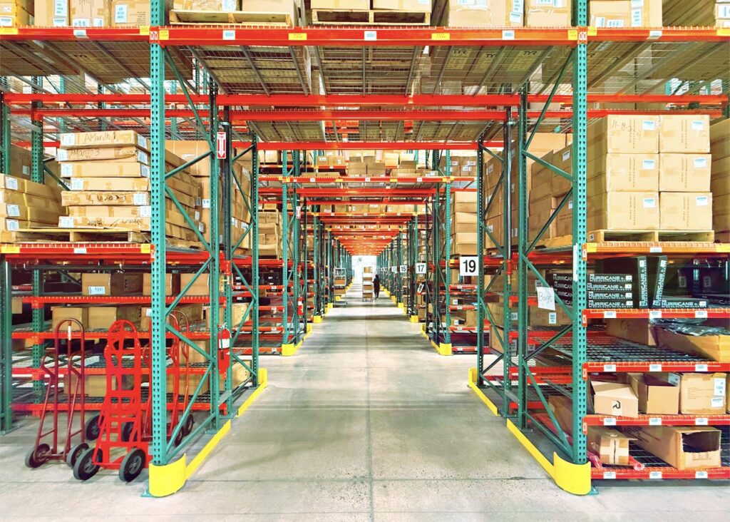 Warehouse with storage shelving, representing reliable logistics and storage